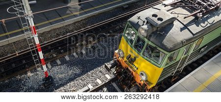 Szczecin, West Pomeranian / Poland - 2018: A Standing Locomotive At The Platform At Railway Station