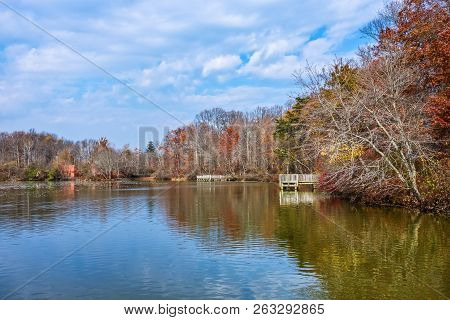 Scenic Smithville Lake In Burlington County On A Late Autumn Day.