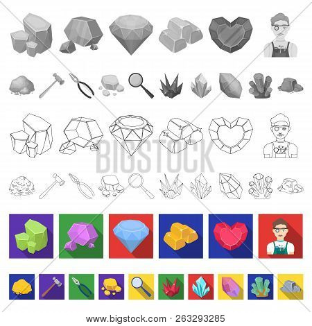 Precious Minerals Flat Icons In Set Collection For Design. Jeweler And Equipment Vector Symbol Stock
