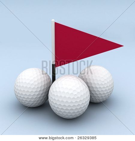 Tres pelotas de golf y una bandera.