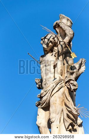 Baroque Statues Of Saints. Detail Of Baroque Plague Column In The Town Of Valtice In Southern Moravi