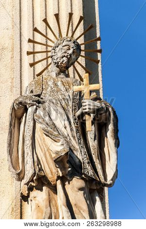 Baroque Statues Of Saints. Detail Of Baroque Plague Column In The Town Of Valtice In Southern Moravi