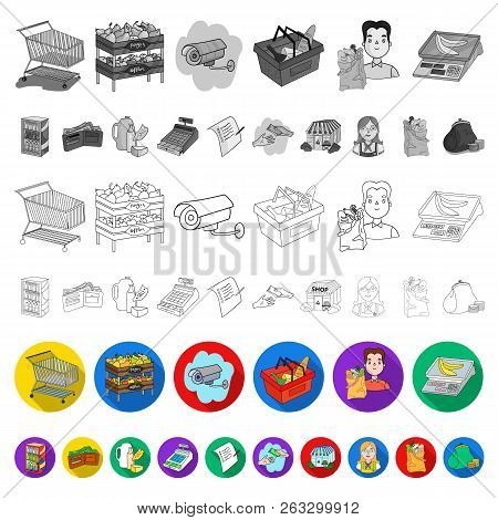 Supermarket And Equipment Flat Icons In Set Collection For Design. Purchase Of Products Vector Symbo