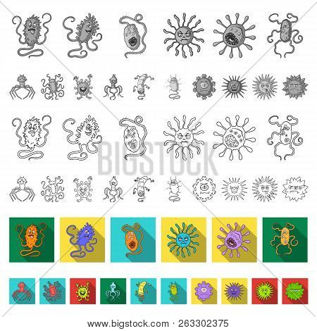 Types Of Funny Microbes Flat Icons In Set Collection For Design. Microbes Pathogenic Vector Symbol S