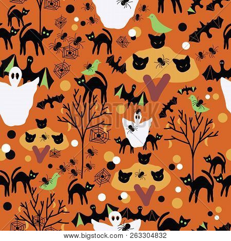 Halloween Hand Drawn Orange Black White Green Seameless Pattern. Great For Invitations, Fabric, Gift