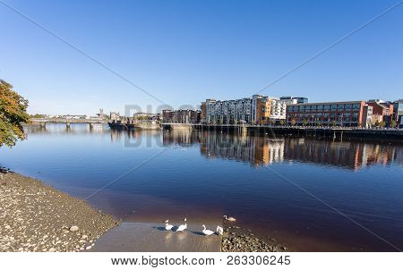 Limerick City Skyline Ireland. Beautiful Limerick Urban Cityscape Over The River Shannon On A Sunny