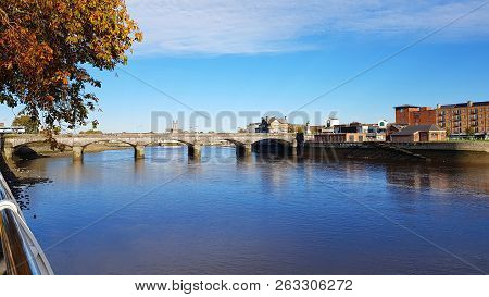 Limerick City Skyline Ireland. Beautiful Limerick Urban Cityscape Over The River Shannon On A Sunny