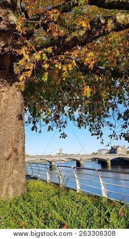 Limerick City Skyline Ireland. Beautiful Limerick Urban Cityscape Over The River Shannon On A Sunny