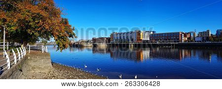 Limerick City Skyline Ireland. Beautiful Limerick Urban Cityscape Over The River Shannon On A Sunny