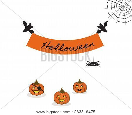 Pretty Scenery With Gossamer. Two Bats Hold Slogan `helloween` With Spider. Three Pumpkins On The He