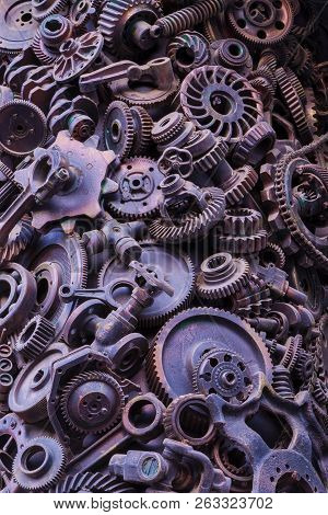 Steampunk Background, Machine Parts, Large Gears And Chains From Machines And Tractors. Old Rusty Ma