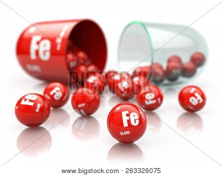 Pill with iron FE element.  Dietary supplements. Vitamin capsule isolated on white. 3d illustration