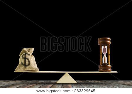 Money And Time Balance, Change Money Into Cash Or Reverse Concept : Us Dollar In Sack Bag, Hourglass
