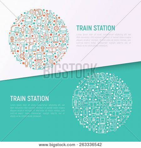 Train Station Concept In Circle With Thin Line Icons: Information, Ticket Office, Toilet, Taxi, Metr