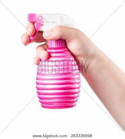 Pink Water Pulverizer Spray In Female Hand Cloe Up Isolated On White Background.