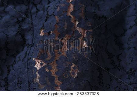 Kharkov, Ukraine- September 12, 2018: Navy Guipure Fabric In A Female Hand. Details, Close-up. Fashi