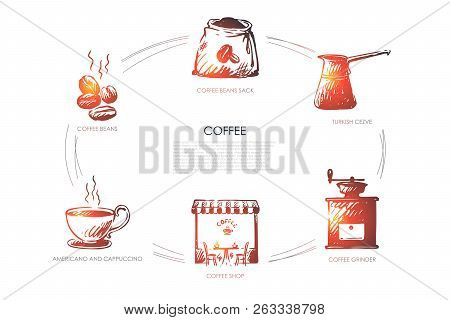 Coffee- Beans, Americano And Cappucino, Coffee Shop, Grinder, Turkish Cezve, Bean Sack Vector Concep