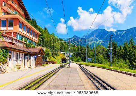 Scenic Summer View Of Caux Cogwheel Railway Station On The Way Up To The Rochers De Naye Mountain Pe