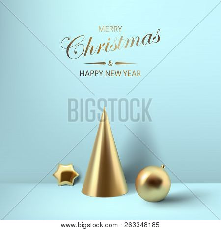 Abstract Glossy Christmas Decprations. Golden Coil Metallic Star, Cone And Sphere Geometric Shapes. 