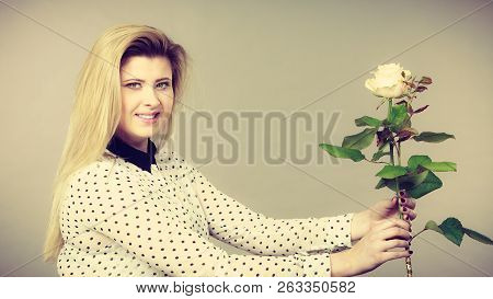 International Women Or Mother Day. Beautiful Portrait Of Pretty Woman Blonde Hair With White Rose Fl