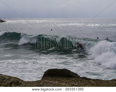 Surfing A Wave On 10 Of October In Costa Da Caparica, Portugal.