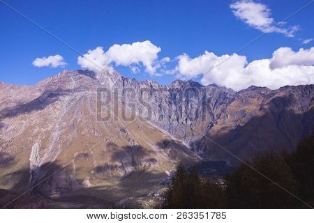Georgia. Journeys. Kazbegi. Beautiful View Of Kazbegi In Autumn