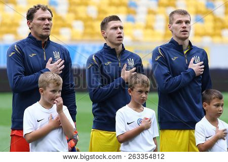 Lviv, Ukraine - September 9, 2018: Ukrainian Players Listen To The National Anthem Before The Uefa N