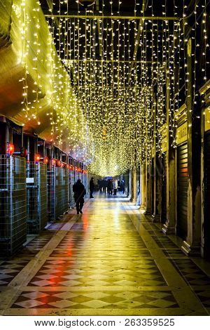 Night Scene Christmas Decoration, Venice, Italy