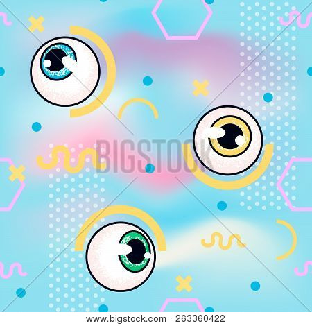 Memphis Pattern With Eyeball. Fashion Seamless Pattern Holographic Background. Glitch Style