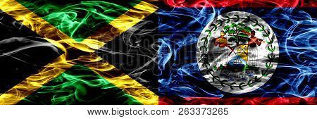 Jamaica Vs Belize, Belizean Smoke Flags Placed Side By Side. Thick Colored Silky Smoke Flags Of Jama