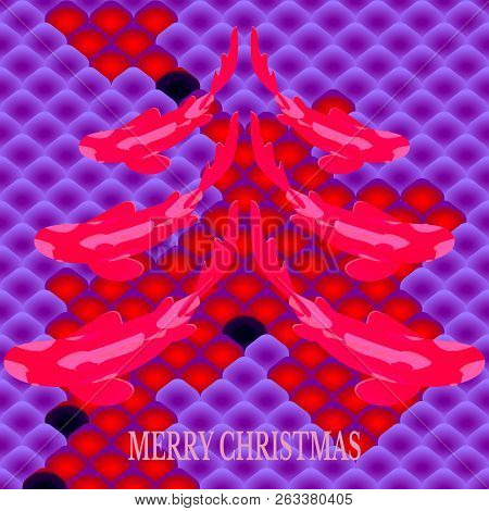 Set With Fish, Carp Koi In Form Of Christmas Fir-tree On Background Of National Oriental Pattern, Mu