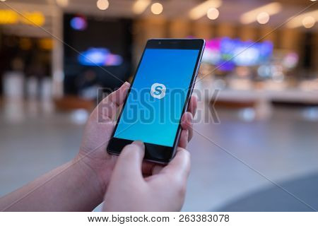Chiang Mai, Thailand - August 03,2018: Woman Holding Huawei With Skype Apps. Skype Is Part Of Micros