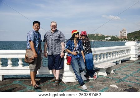 Thai People And Foreigner Travelers Visit Travel And Posing For Take Photo At Laem Thaen Cape In Cho