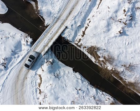 Car Drive On Bridge Cross River. Overtop View