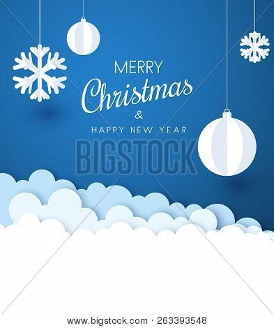 Merry Christmas And Happy New Year Card With White Paper Decorat