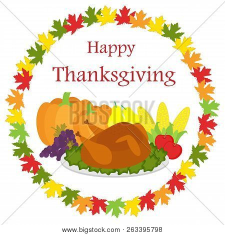 Happy Thanksgiving Background With Food And Leaves