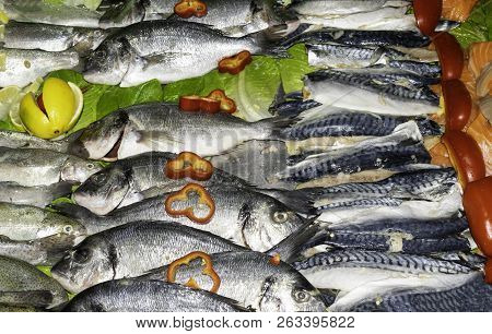 Mixed Fish For Sale On A Market With Vegetables, Sea Bream, Orata, Dorada, Salmon, Trout, Mackerel, 