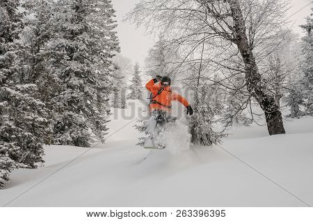 Man Jumping Between Trees On The Snowboard On The Powdered Snow In The Mountain Tourist Resort In Go