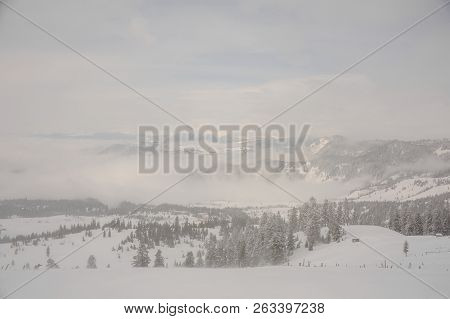 Gorgeous Winter Landscape Of Snow Covered Hills With Trees On The Popular Tourist Resort In Goderzi,