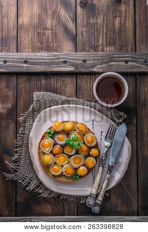 Breakfast With Fried Mini Eggs And Breadm Copy Space