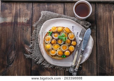 Breakfast With Fried Mini Eggs And Breadm Copy Space