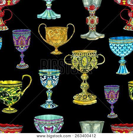 Seamless Pattern With Ancient Cups And Goblets On Black. Hand Drawn Doodle Graphic Illustration With