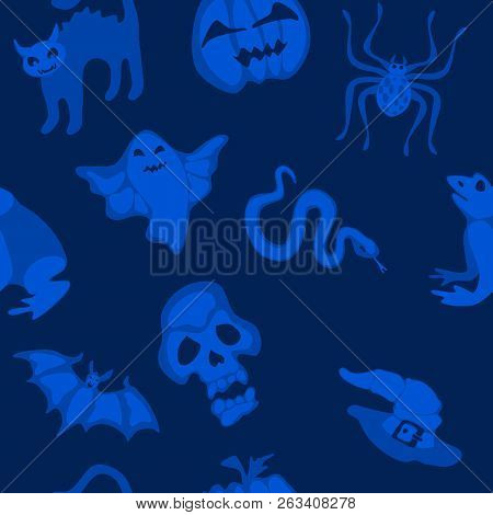 Blue Haunted Seamless Pattern For Halloween. Stock Vector Illustration