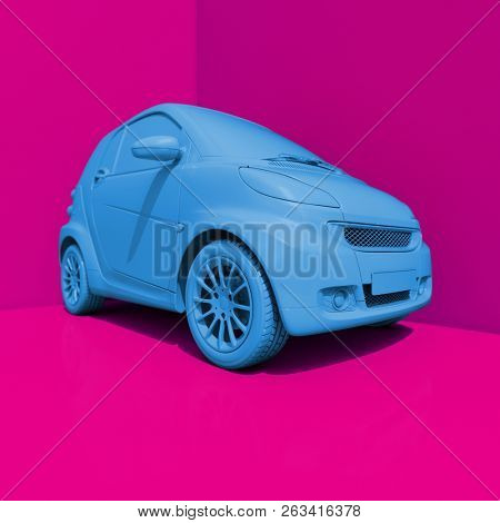 3d Small Modern Compact Car with Glossy Paint, Hi-Detailed Micro Car Template Mockup, Urban Electric Mini Car for Branding Corporate Identity Logo Design, Eco-Friendly Hi-Tech Vehicle, Small Vehicle