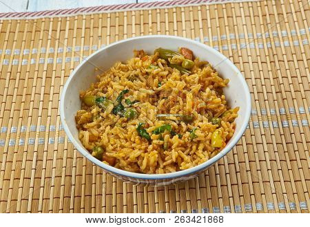 Achari Vegetable Indian Spicy Pulao, Close Up