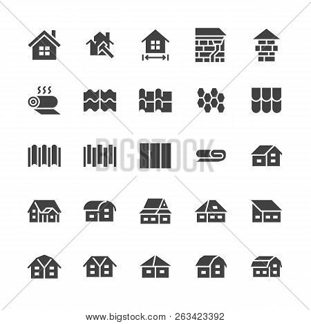 Roofing Flat Glyph Icons. House Construction, Roof Sheathing Varieties, Tile, Chimney, Insulation Ar