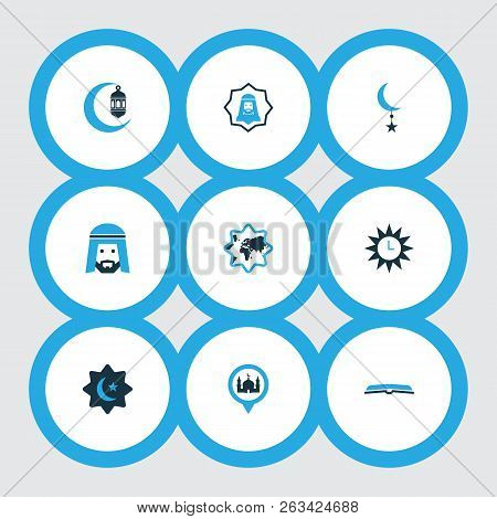 Religion Icons Colored Set With Muslim, Islamic, Azan And Other Human Elements. Isolated Vector Illu