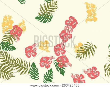 Tropical Background. Green, Pink, Red, Yellow Monstera, Hibiscus, Palm Vector Elements. Hawaiian Exo