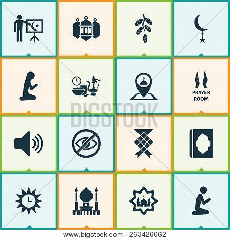 Religion Icons Set With Ketupat, Mosque, Adhaan And Other Pinpoint Elements. Isolated Vector Illustr