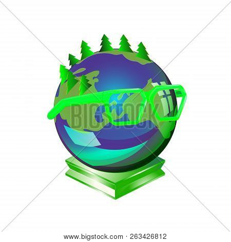 Smart Earth Planet Wearing Glasses, A Symbol Of Concern For The Environment, Humanized Globe Charact